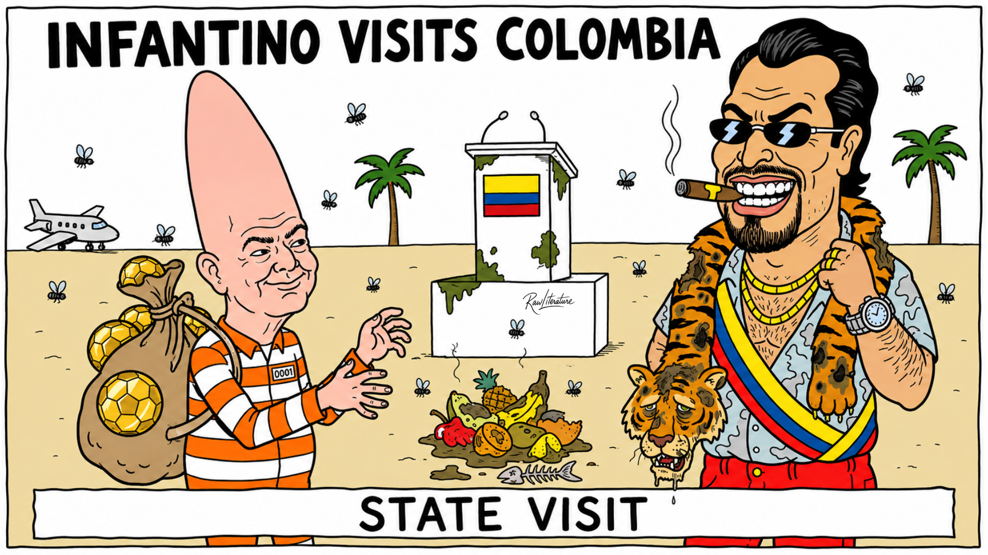 Satirical cartoon of FIFA president Gianni Infantino visiting Colombia to lobby for votes ahead of the 2027 FIFA presidential election, depicting political influence, football governance, and corruption allegations.