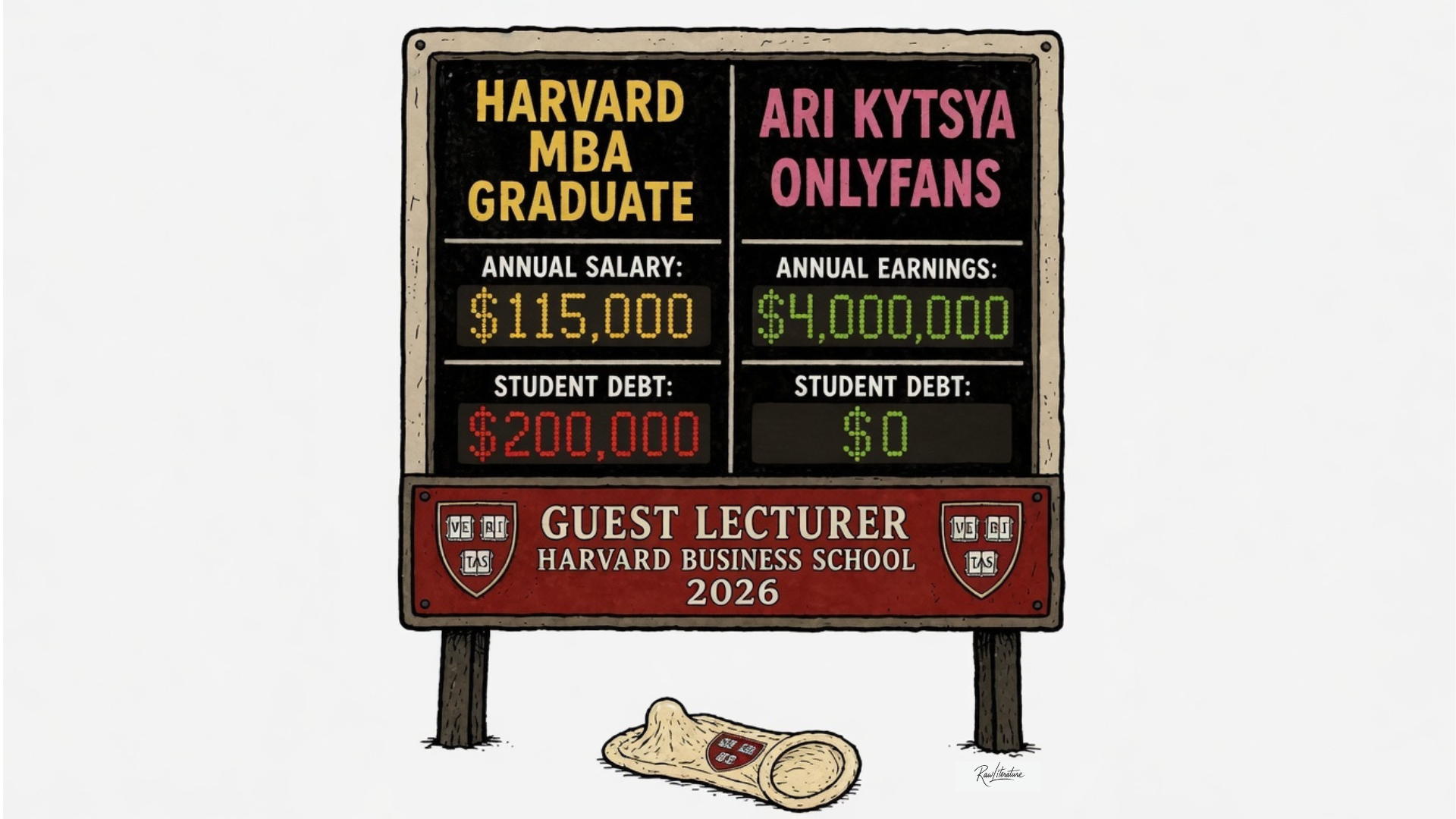 Harvard MBA grad earning $115K with $200K debt vs Ari Kytsya making $4 Million on OnlyFans with zero student debt – Harvard Business School guest lecturer meme 2026.