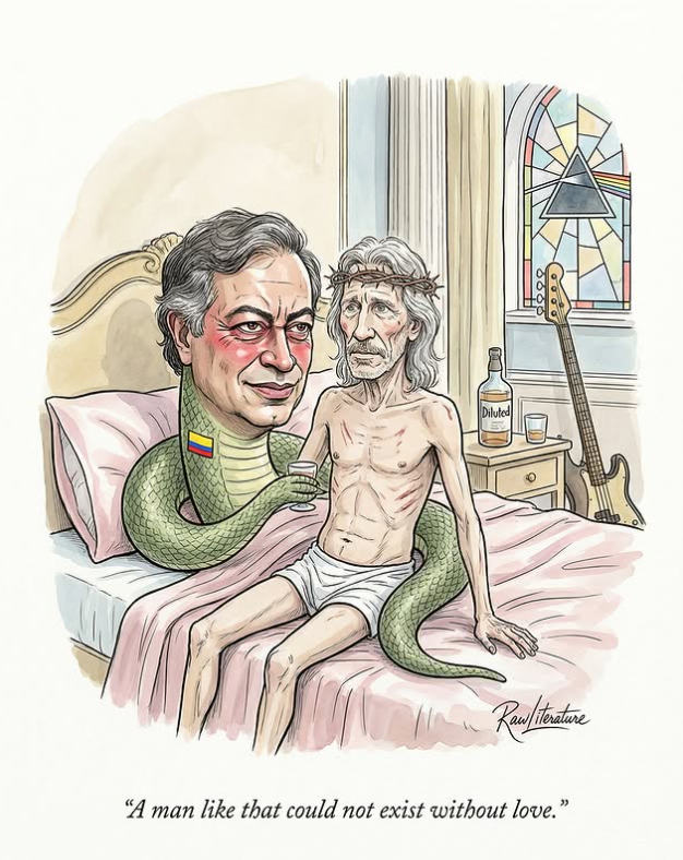 Gustavo Petro as snake taking Rodger Waters in his bed while a bottle of whiskey is behind.