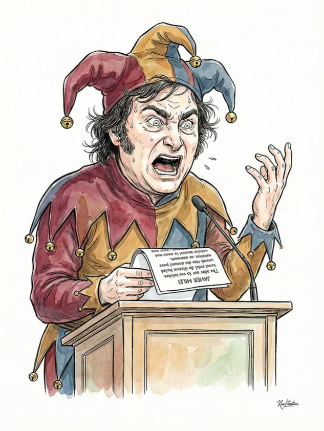 Javier Milei disguised as a politician Buffoon, the image of politics in the 21st century.