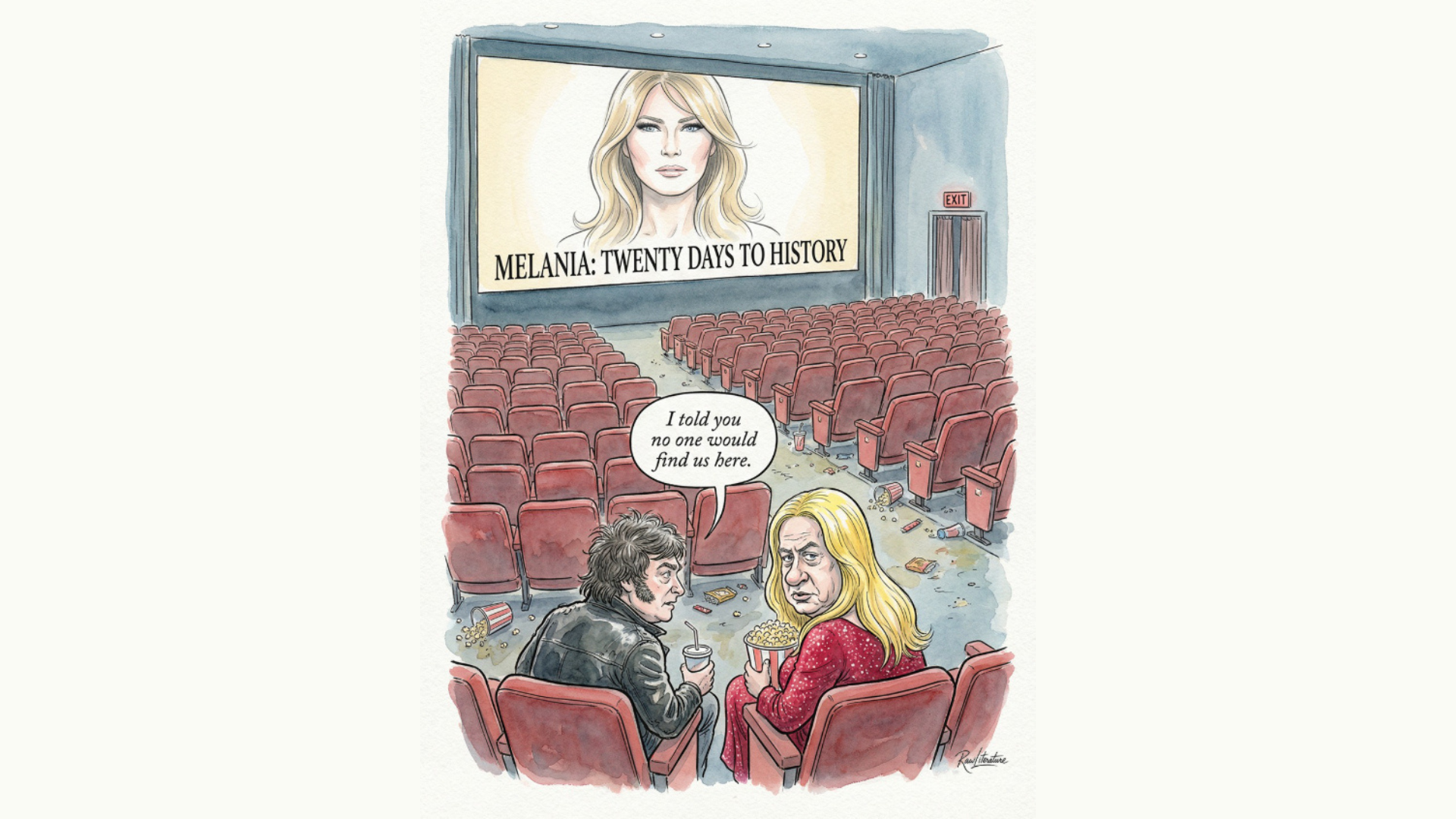 Melania Documentary scam played in an empty cinema. Milei and Netanyahu meet as they paid the tickets with the Board of Peace subscription fee.