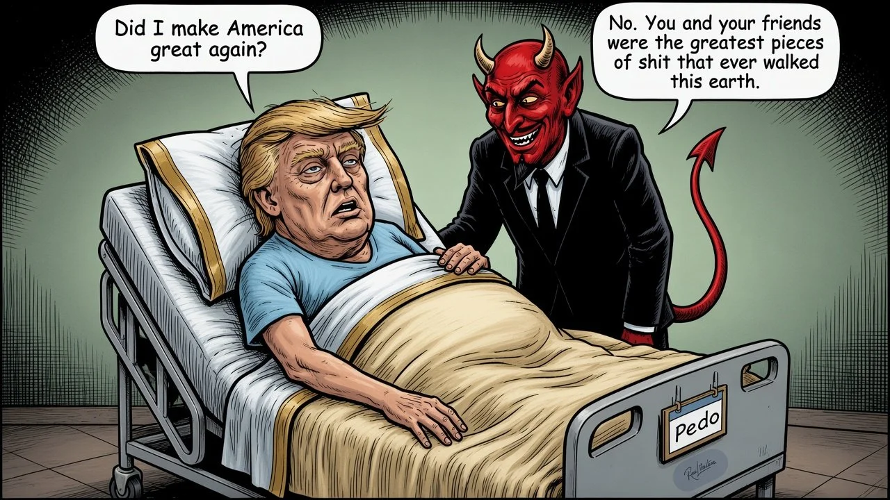 A cartoon of Donald Trump and the devil talking about his life on Earth.