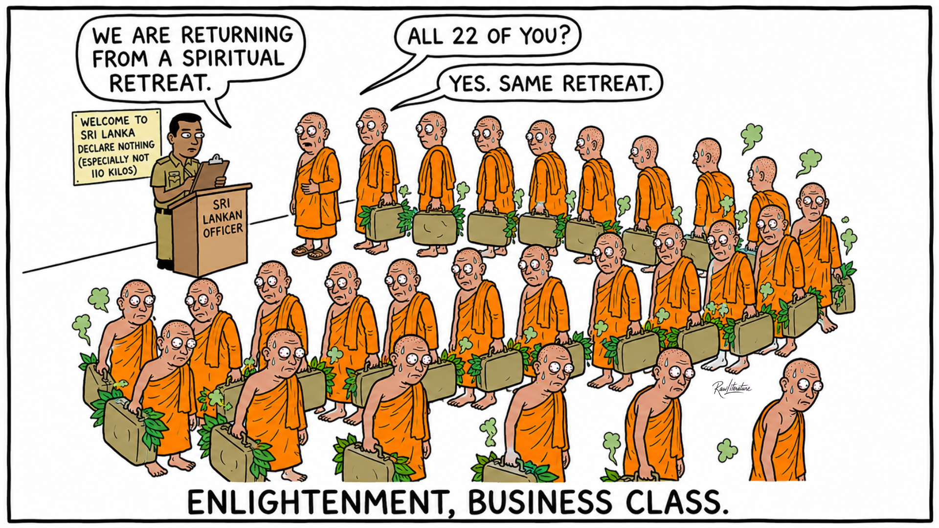Funny cartoon of monks returning from a spiritual retreat with suspicious suitcases at Sri Lankan customs checkpoint.
