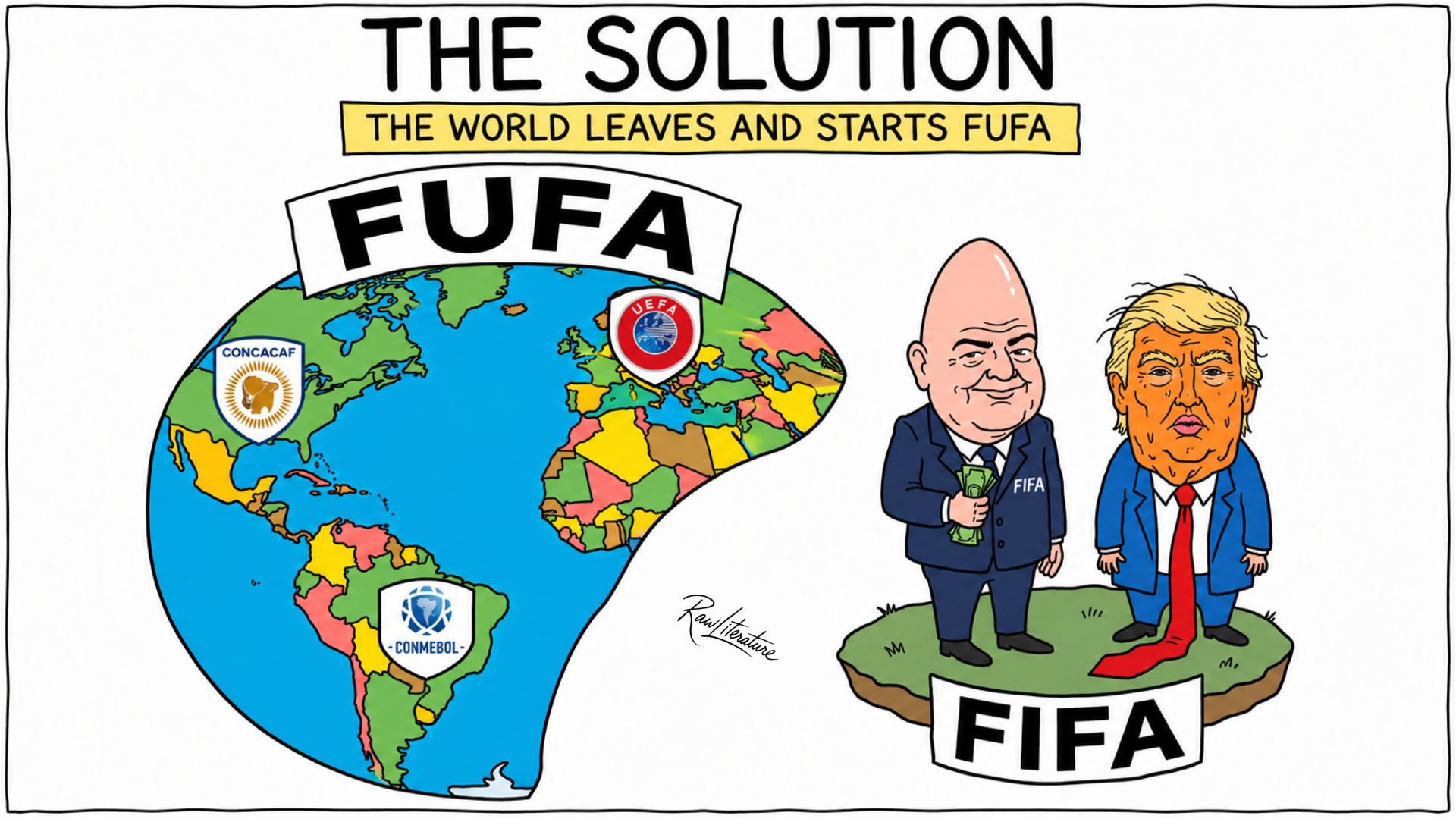 Satirical cartoon of Gianni Infantino, Donald Trump and FIFA’s alleged shift of football rights toward the Trump family circle.