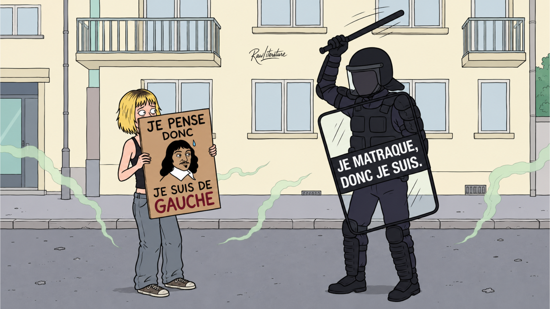 Satirical cartoon of French police brutality showing an armed riot officer confronting a left-wing protester amid tear gas, criticizing police violence in France.
