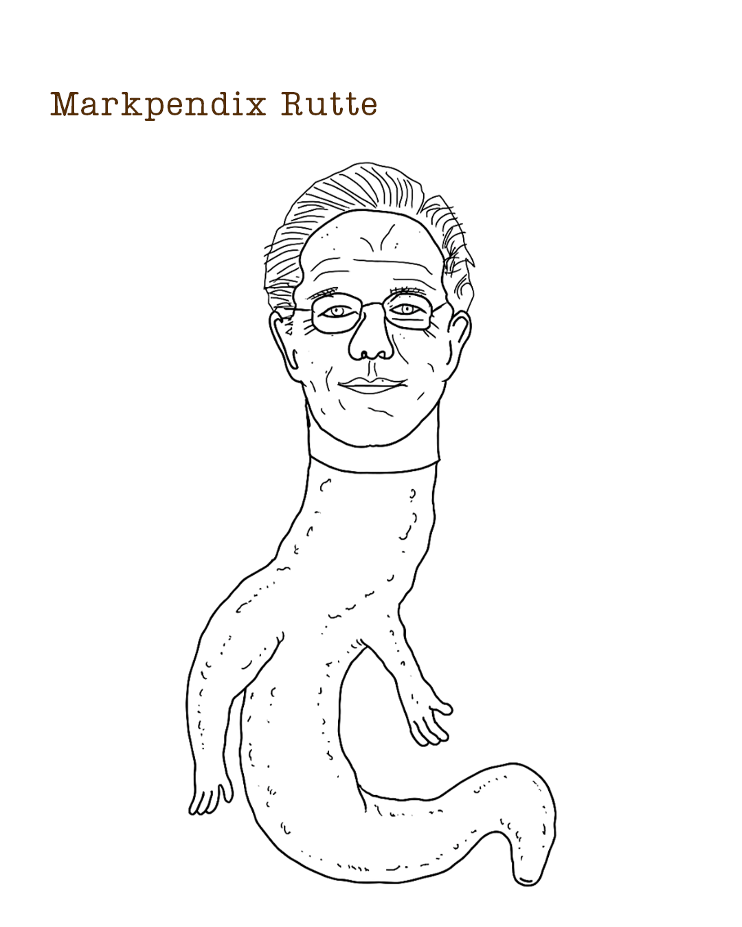 Line drawing of a creature with the body of a gecko and the head of a man with glasses, with the text 'Markpendix Rutte' at the top.