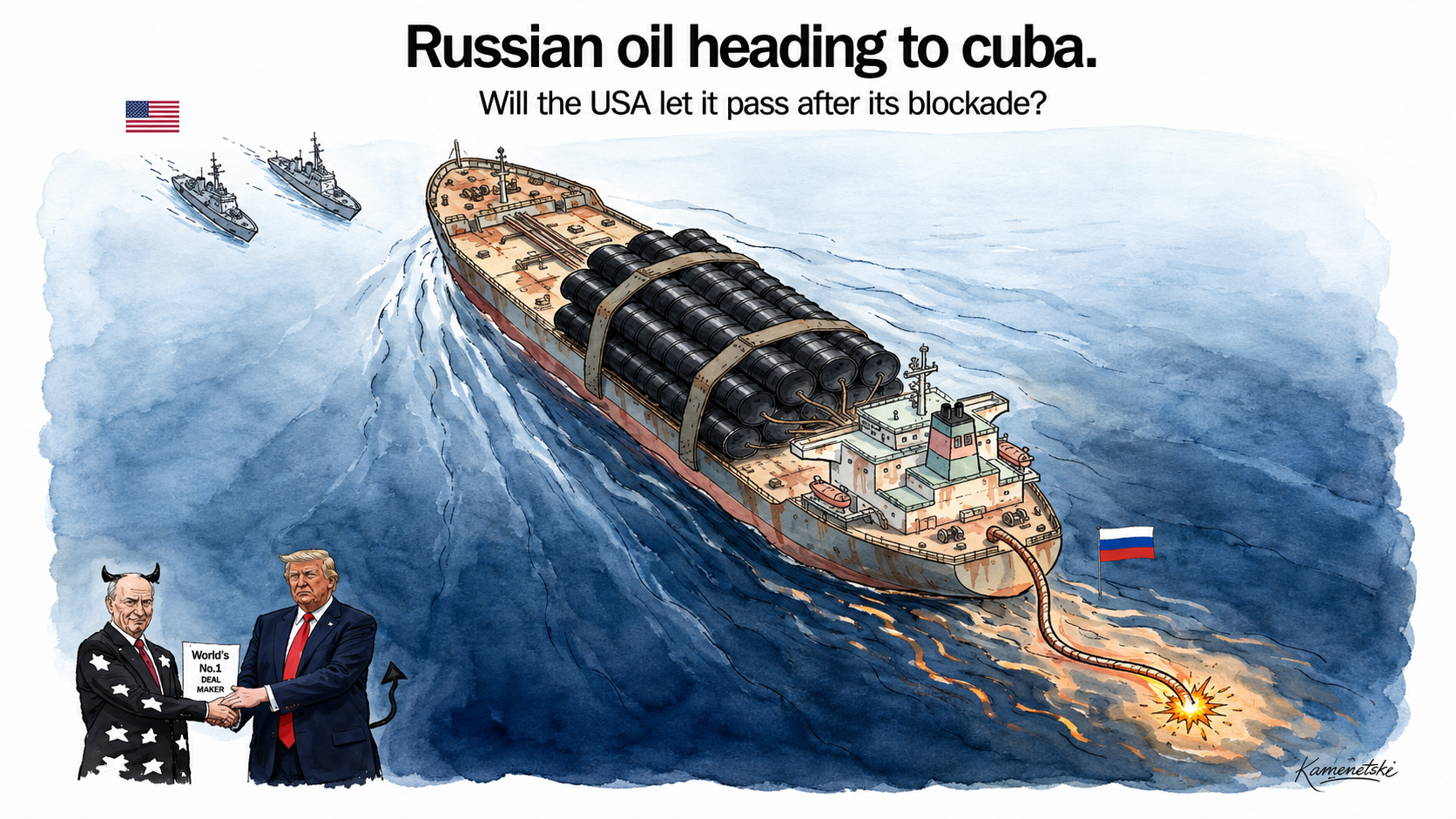 A cartoon about the oil cargo that Russia sent to Cuba to defy Trump's sanctions on the island.