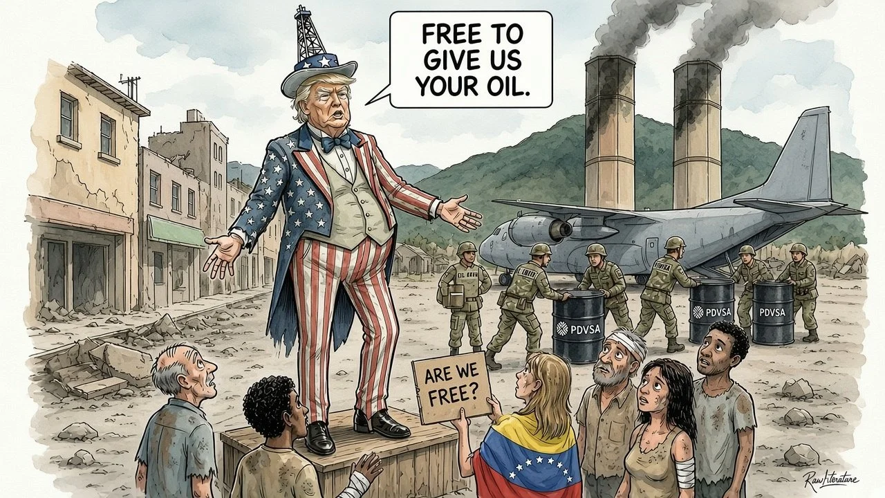 Donald Trump as uncle Sam, liberating Venezuela just to have their oil.