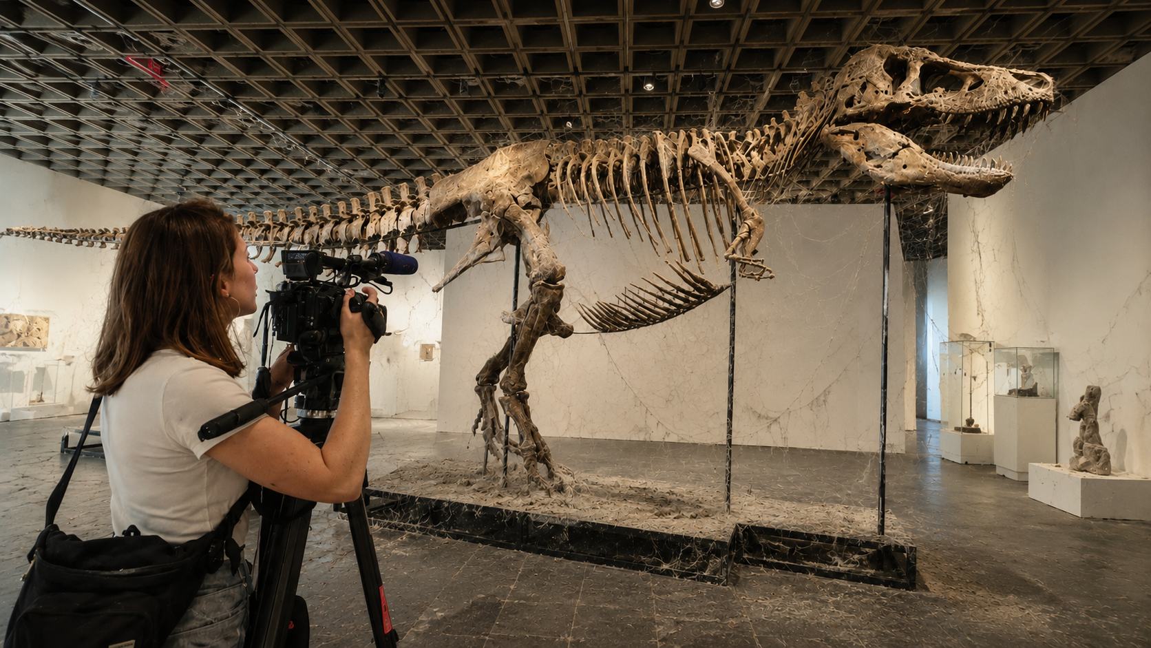 Dust-covered T. rex skeleton in museum before Sotheby’s $20–30 million auction, highlighting scientists’ concerns over private fossil sales.