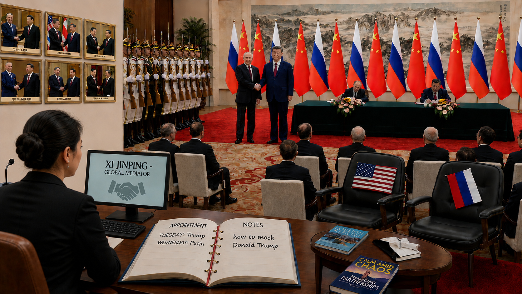 Diplomatic summit scene featuring Xi Jinping and Vladimir Putin shaking hands before Chinese and Russian flags, with military honor guards, seated delegates, and a mediator’s desk displaying political appointment notes in a grand conference hall.