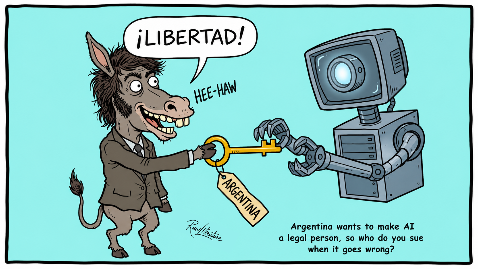 Satirical cartoon of Argentina handing AI legal personhood to a robot, questioning liability, accountability, and the risks of granting artificial intelligence legal status.