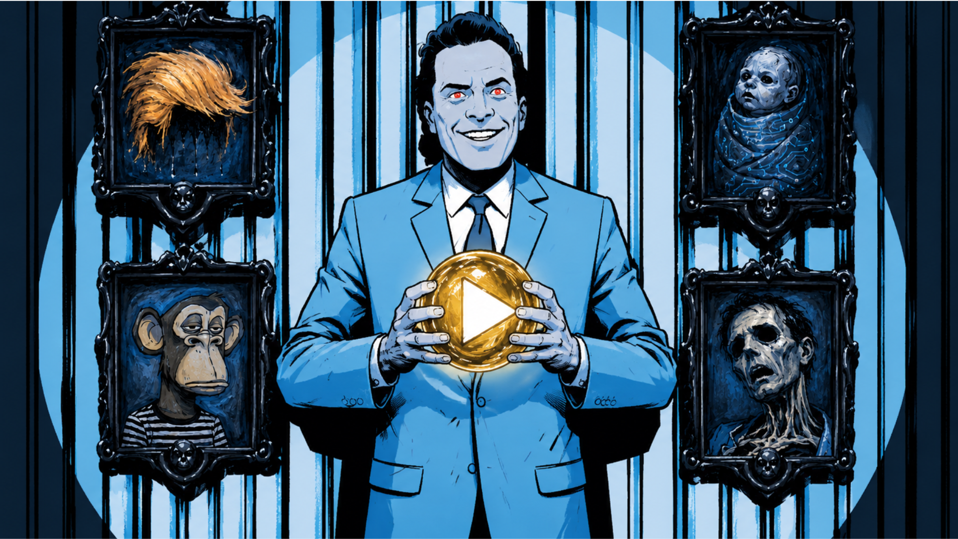 Sinister blue-suited talk show host with glowing eyes holding a golden play-button orb in a dark satirical graphic novel scene.