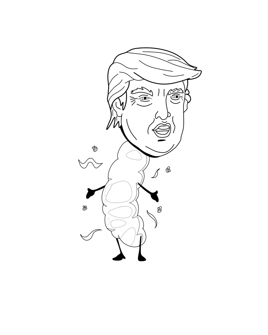 A cartoon character with a human head resembling Donald Trump on a caterpillar body with legs and arms, surrounded by small flies and lines indicating movement.
