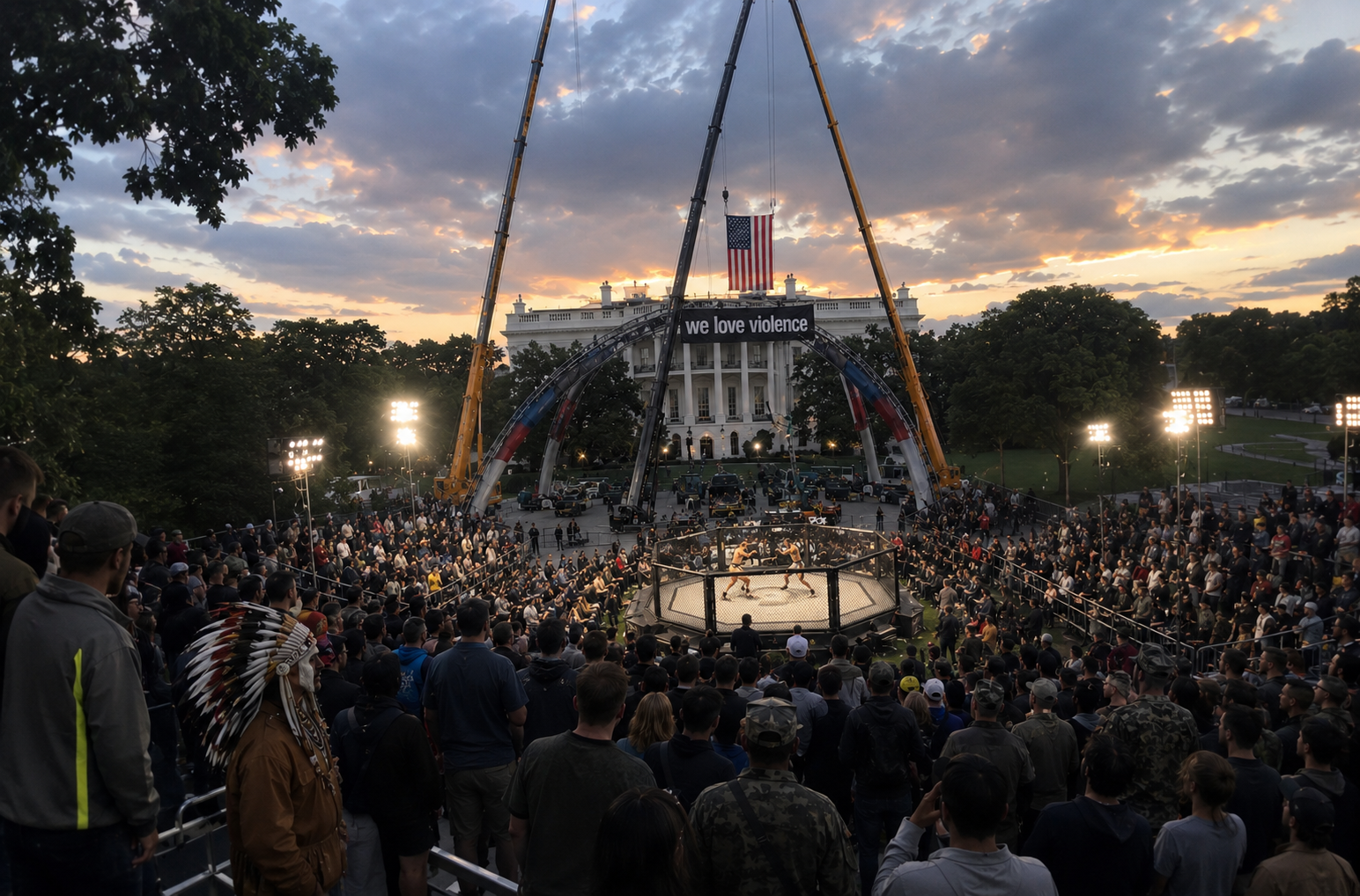 Crowd watching an MMA fight in front of the White House at dusk with dramatic lighting, cranes, upside-down American flag, and “we love violence” banner.
