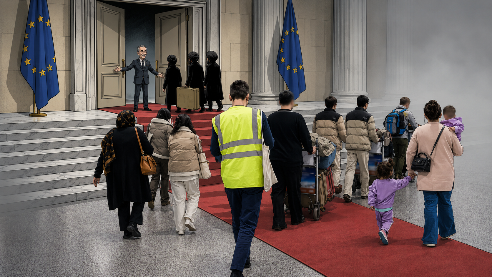 Afghan migrants and EU officials entering a European government migration center with luggage and families on a red carpet.