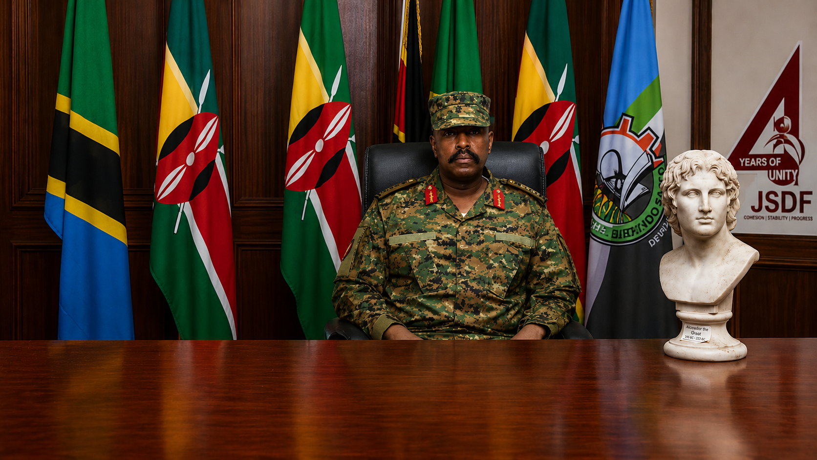 Military officer seated at desk with East African flags and Alexander the Great bust in formal office setting.
