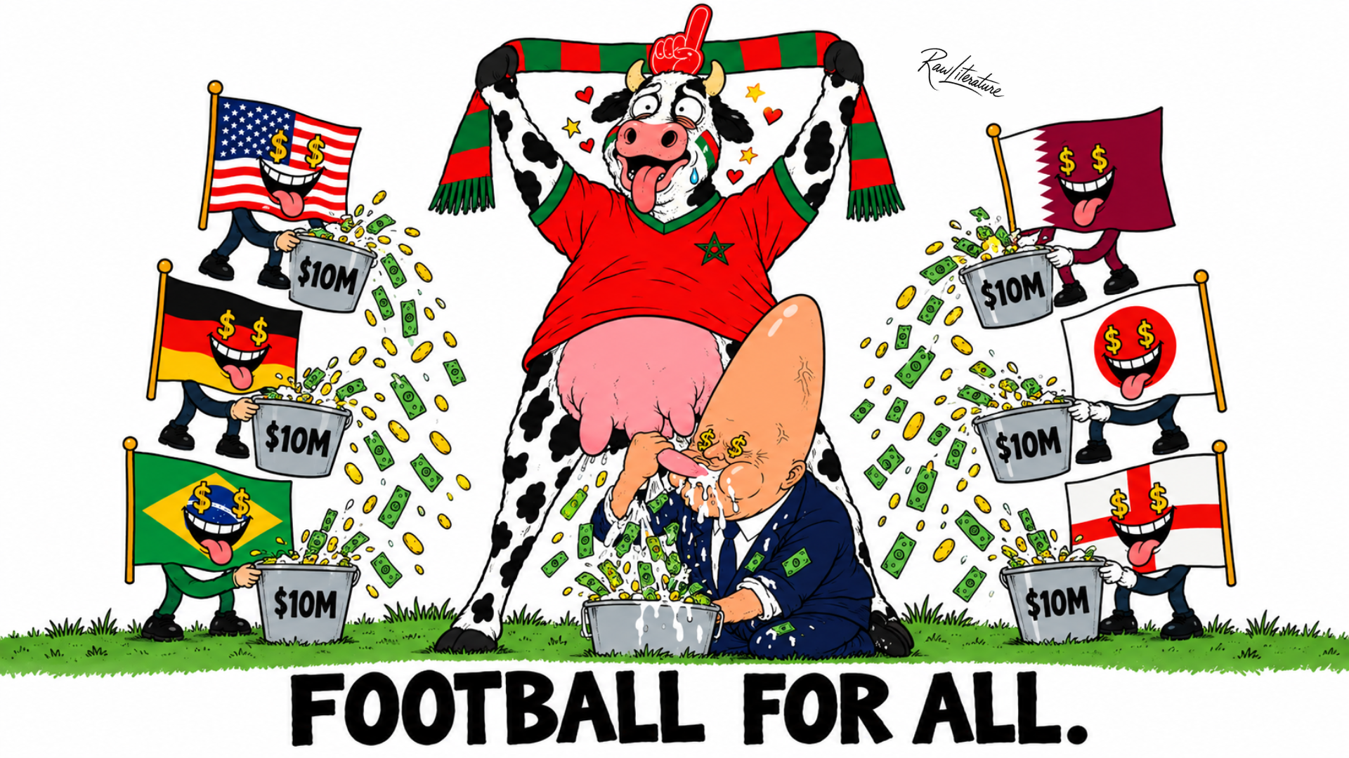 Satirical cartoon about the 2030 World Cup final dispute between Morocco and Spain, portraying football as a lucrative money game.