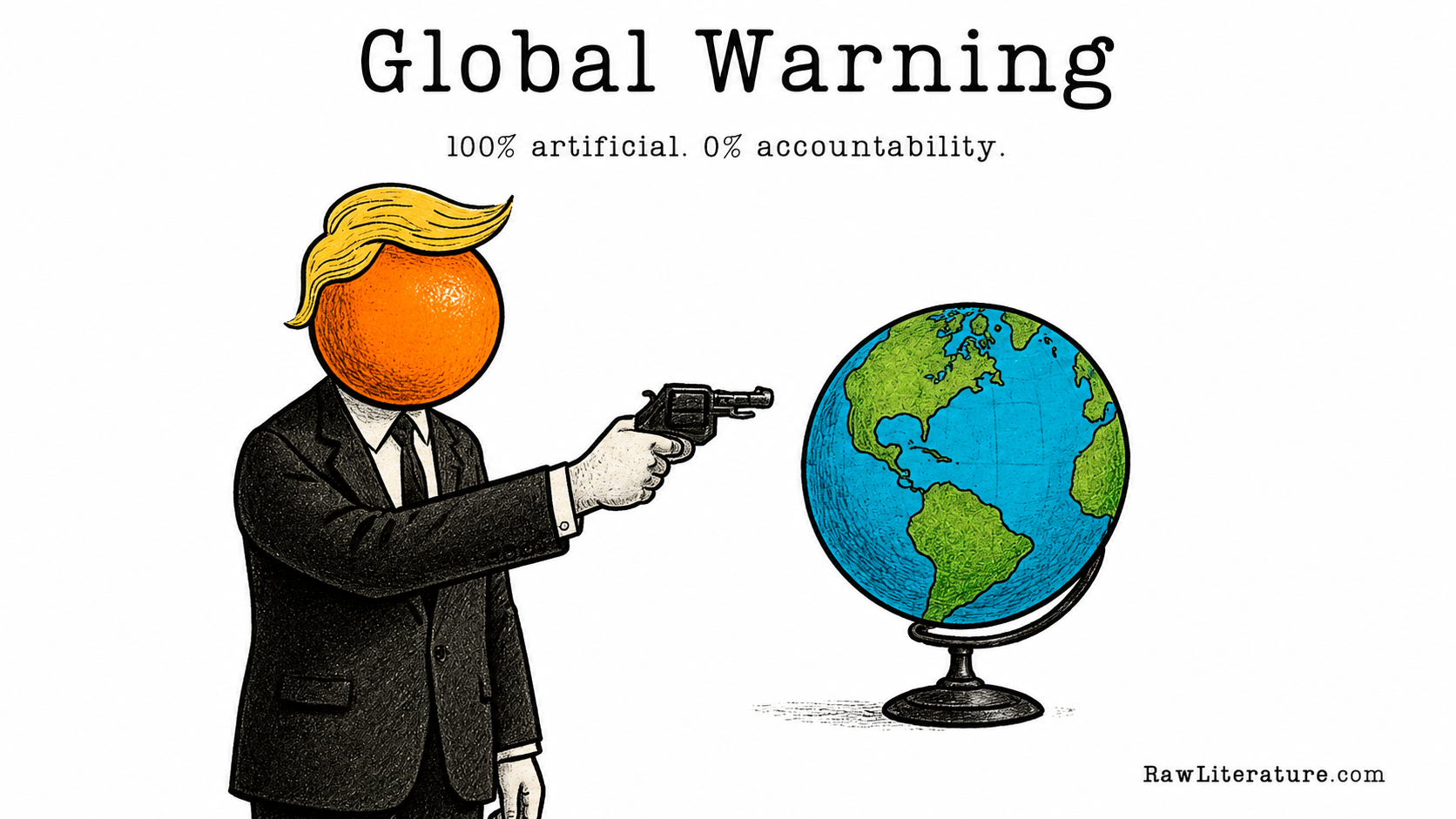 Orange-headed figure aiming a gun at the Earth under “Global Warning,” symbolizing political denial and humanity’s fragile survival in While We Still Breathe.