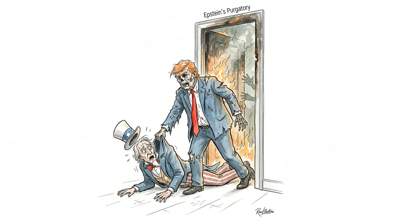 Donald Trump dragging Uncle Sam into Epstein Purgatory room.