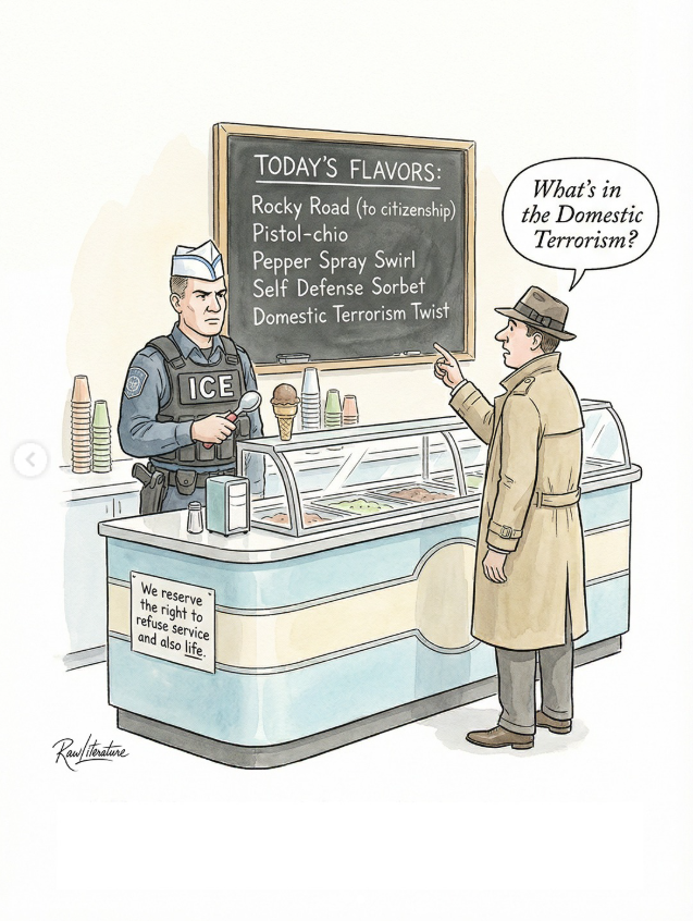 An ICE officer selling ice creams to a normal person.