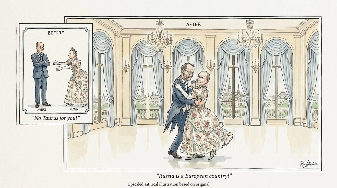 Merz and Putin having a dispute before the walts. After, they're dancing as king and queen of the night.