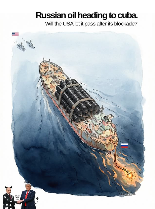 A cartoon about the oil cargo that Russia sent to Cuba to defy Trump's sanctions on the island.