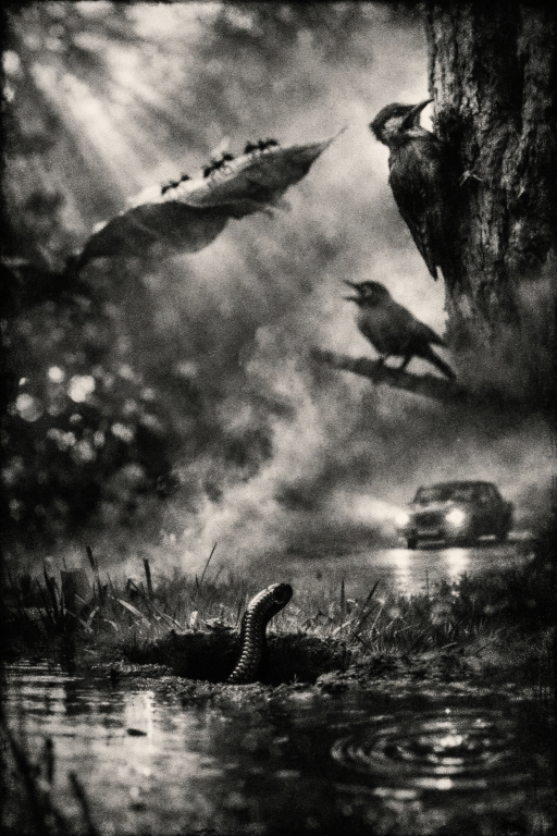 A natural scene happening at the same time, ants, a woodpecker, a bird singing and a snake going out of the hole while a car is passing by.