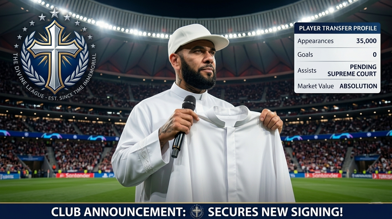 Satirical football transfer announcement graphic featuring a player in a white preacher's garment and cap against a stadium background, with a religious club crest and stats panel showing "Market Value: Absolution".