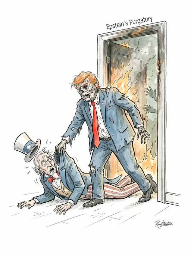 Donald Trump dragging Uncle Sam into Epstein Purgatory room.