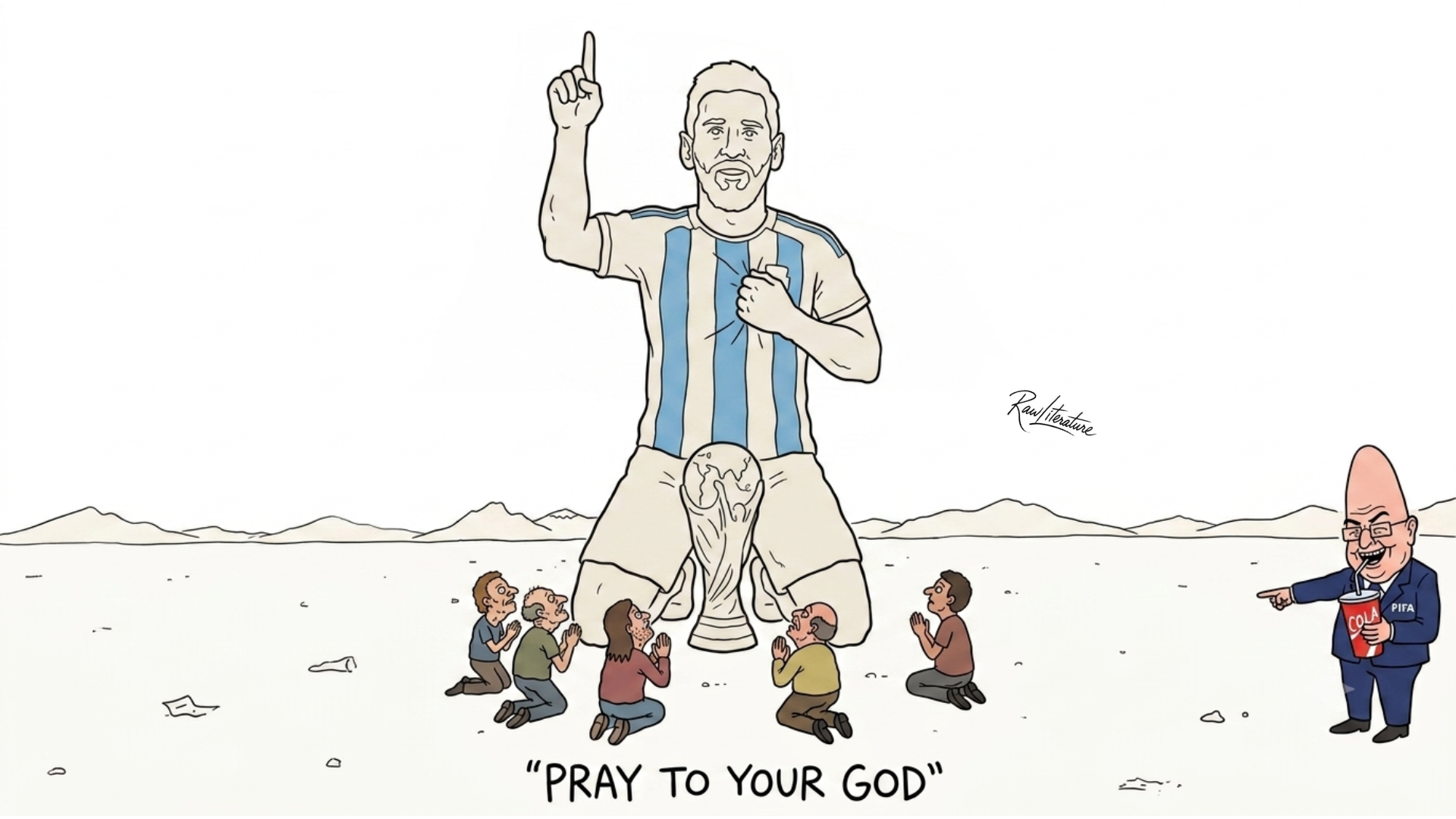 Satirical illustration of a Lionel Messi statue with 'Pray to your God' text, critiquing modern sports idolatry.
