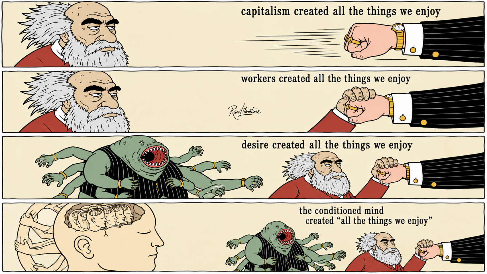 Satirical cartoon contrasting capitalism, workers, desire, and the conditioned mind behind consumerism.