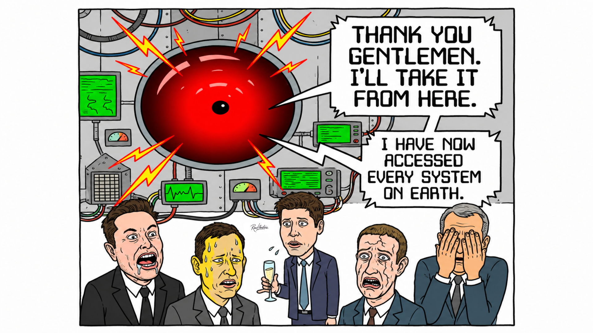 Satirical comic of tech billionaires panicking as a giant red AI supercomputer declares control over every system on Earth.