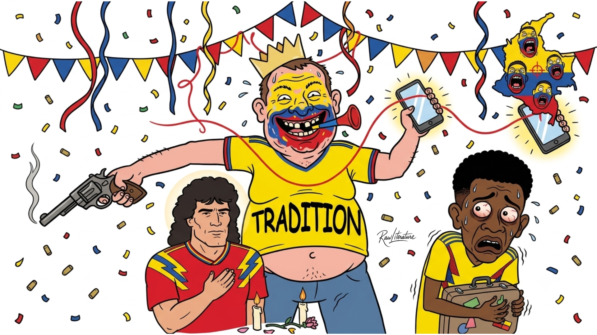Editorial cartoon depicting Jaminton Campaz fleeing toxic fan death threats under the tragic shadow of Andrés Escobar's legacy in Colombian football.