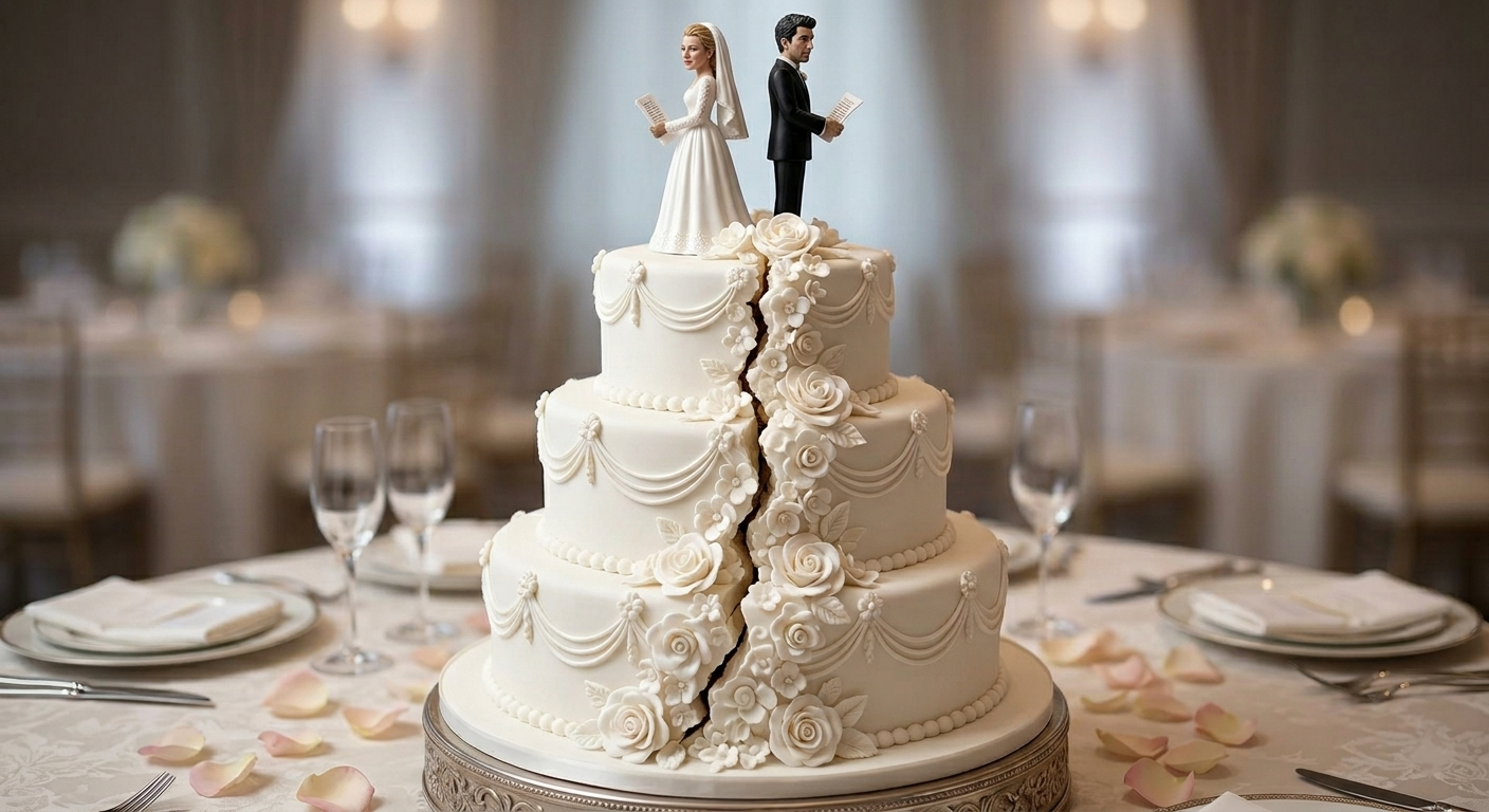 A tiered white wedding cake split down the middle with perfect floral frosting over the crack, topped with bride and groom cake figurines featuring the faces of Blake Lively and Justin Baldoni, standing back-to-back while reading documents.