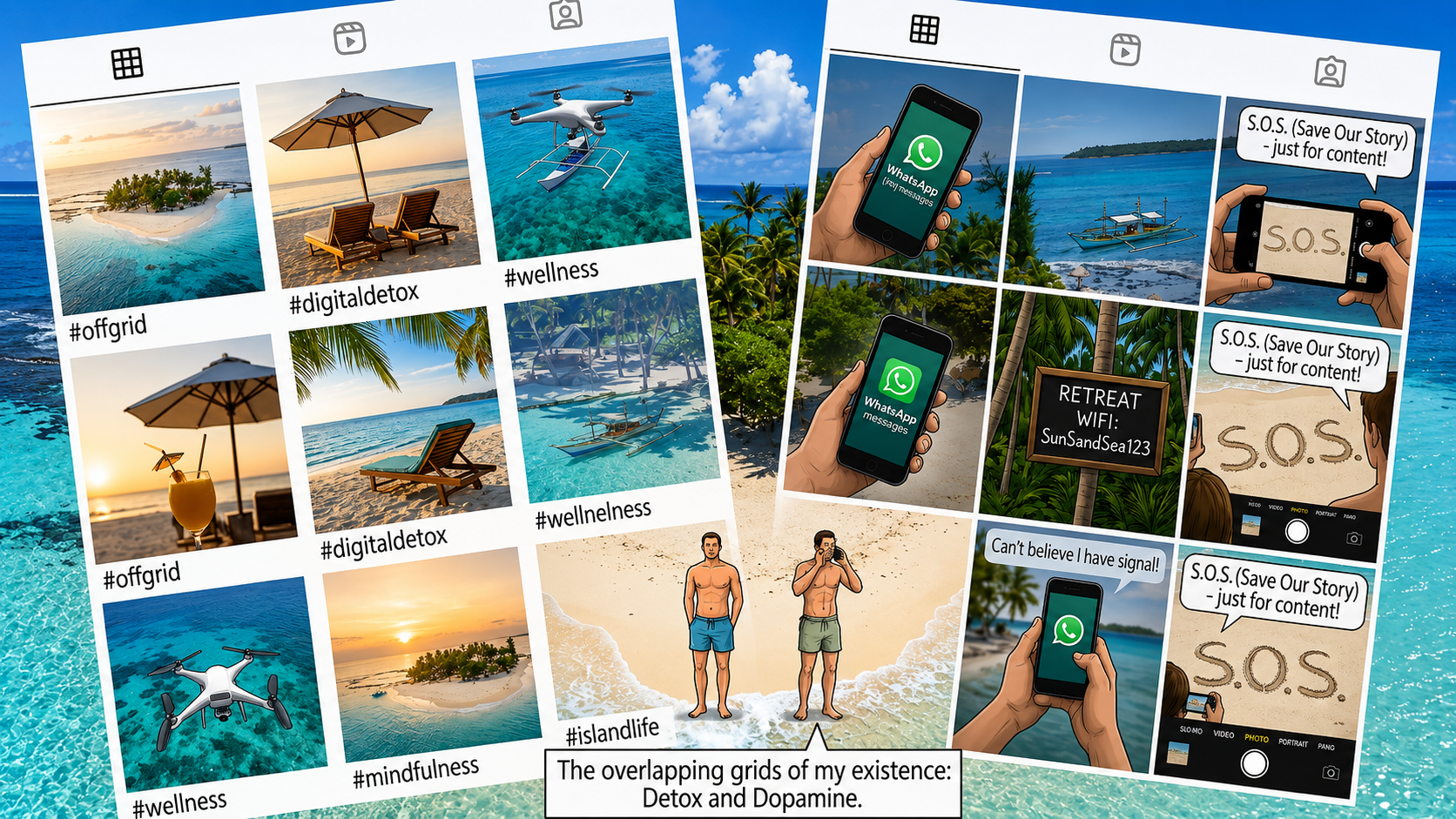 Tropical island social media collage satirizing digital detox culture and dopamine addiction on vacation.