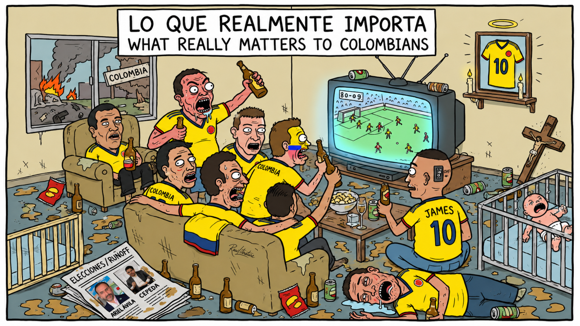 Satirical cartoon of Colombian soccer fans watching a football match in a chaotic living room while a crisis unfolds outside.