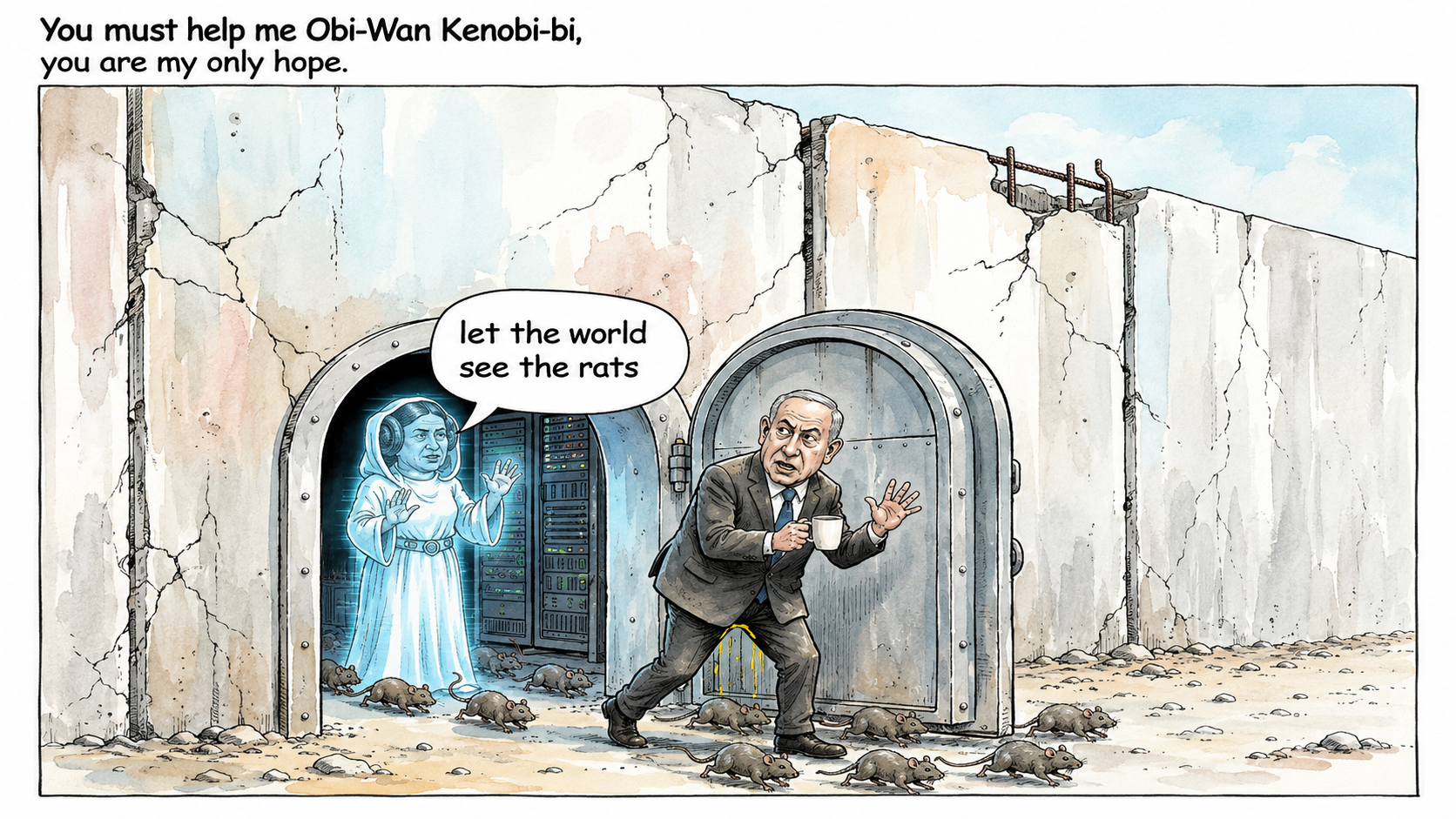 Netanyahu coming out from his bunker, chased by an hologram and rats.