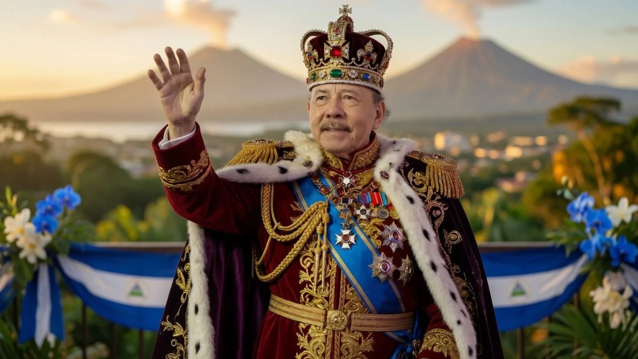 Daniel Ortega in ornate dictator-monarch costume waving against Nicaraguan landscape
