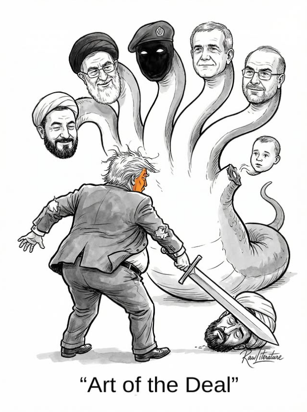 Donald Trump fighting againts the Iranian Hydra.