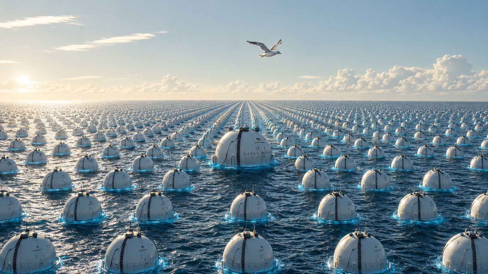 Futuristic floating ocean pods stretching to the horizon in a surreal seascape at sunrise.