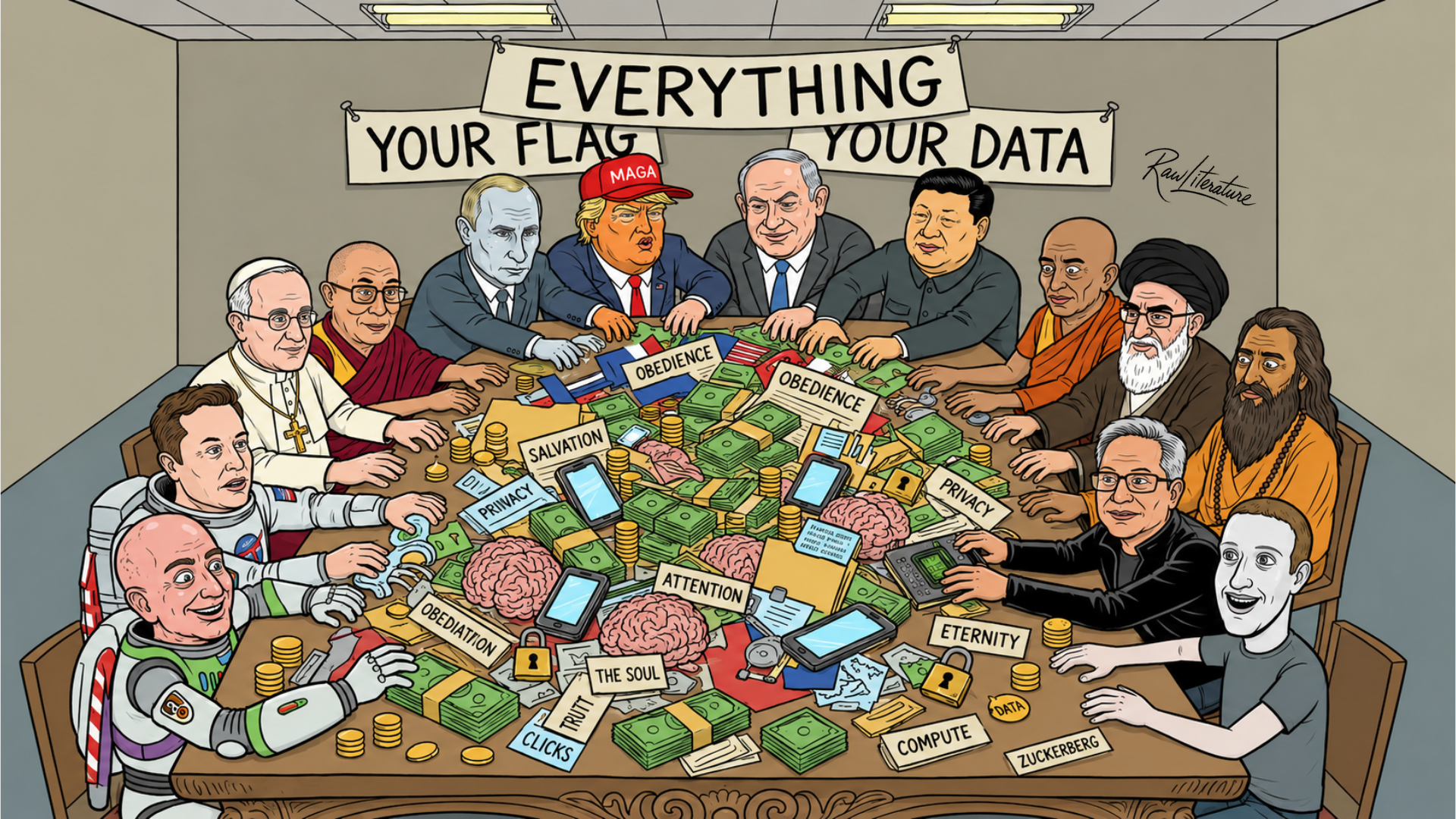 Satirical political cartoon showing world leaders, tech billionaires, and religious figures fighting over money, data, privacy, and obedience around a crowded table under a banner reading “Everything Your Flag Your Data.”