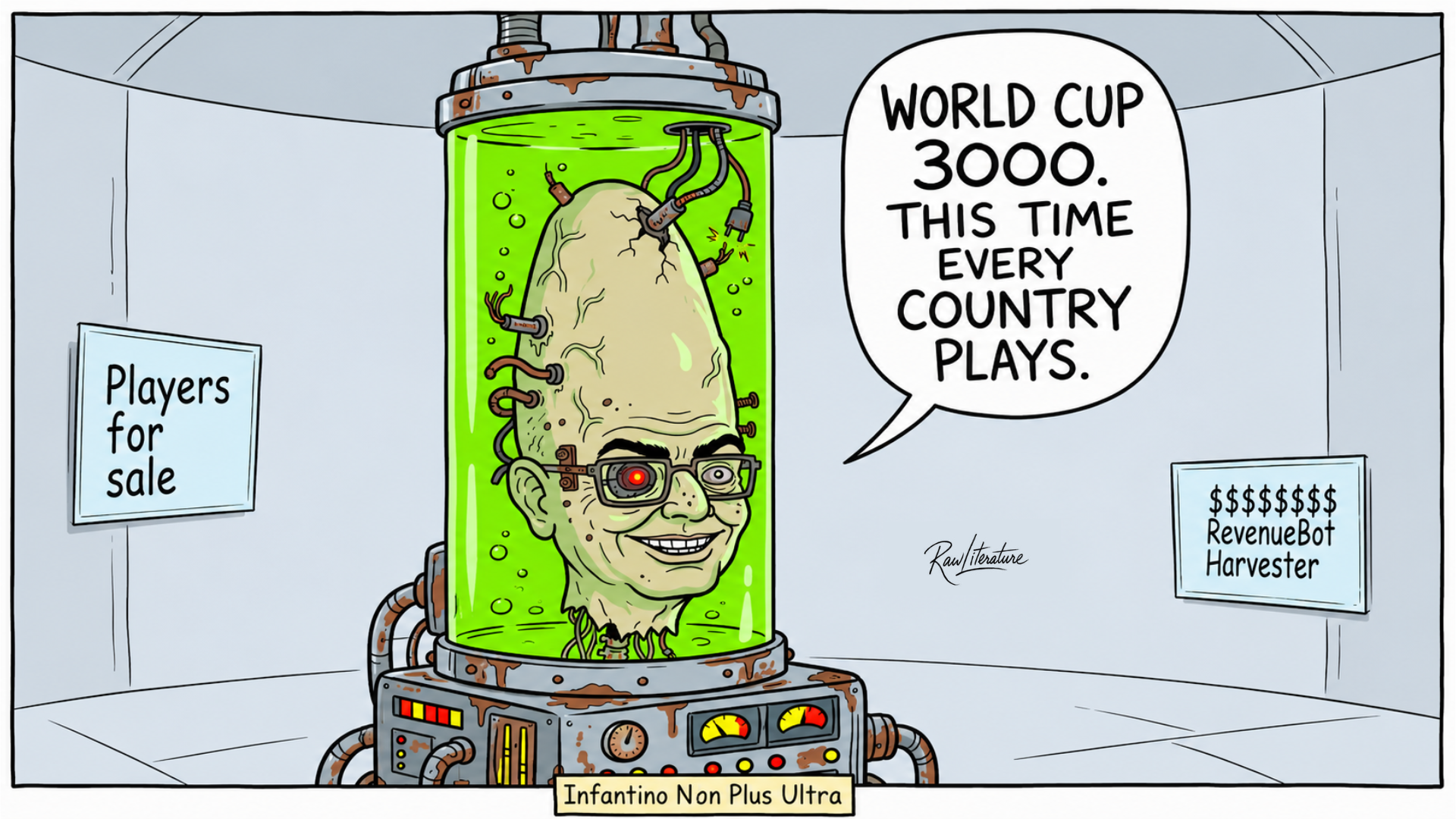 Satirical cartoon of FIFA president Gianni Infantino as a cyborg in a laboratory, mocking his vision of a 64-team FIFA World Cup held every two years to maximize global football expansion and revenue.