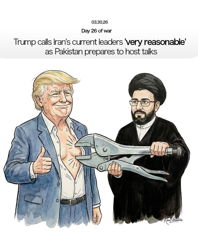 A cartoon of Trump and the Ayatollah, this last one is squishing the nipple of Trump while he's lying about talks to end the war.