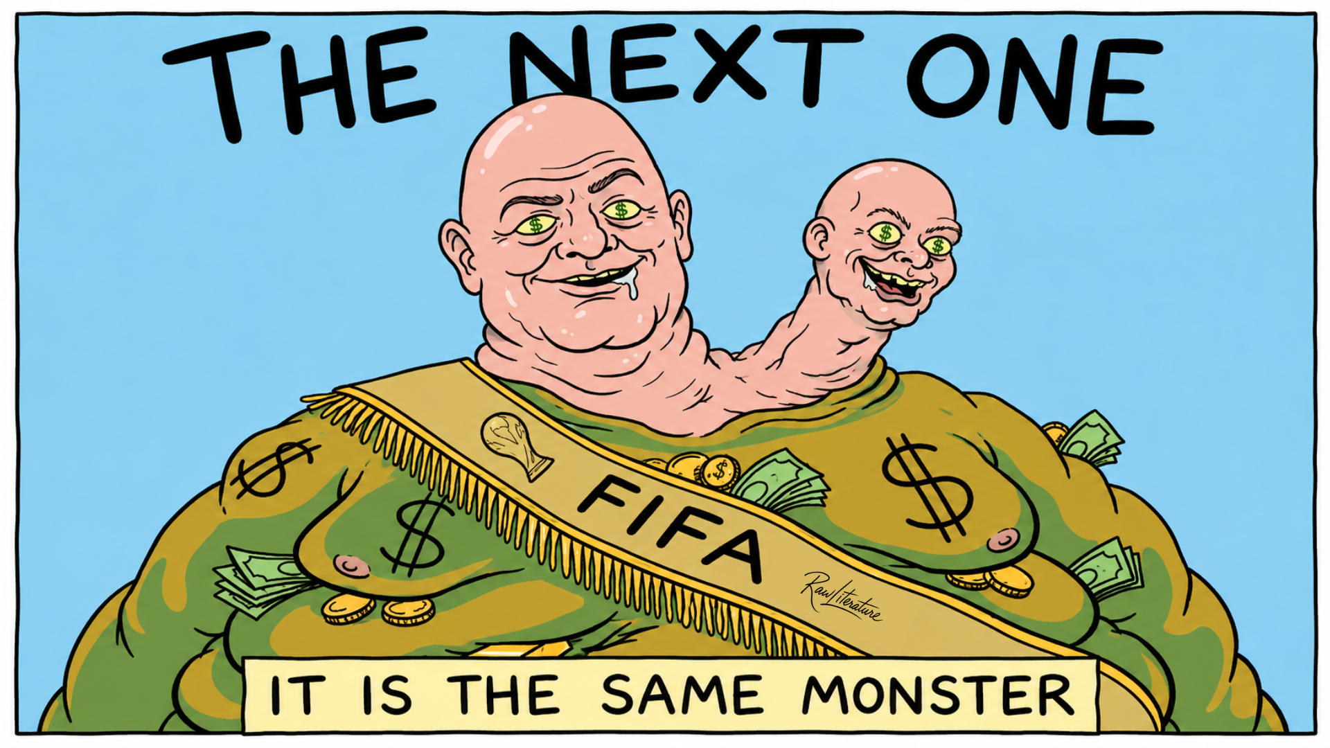 Satirical cartoon depicting FIFA's next presidential election as the same money-driven, two-headed corruption monster, suggesting power changes but corruption endures.