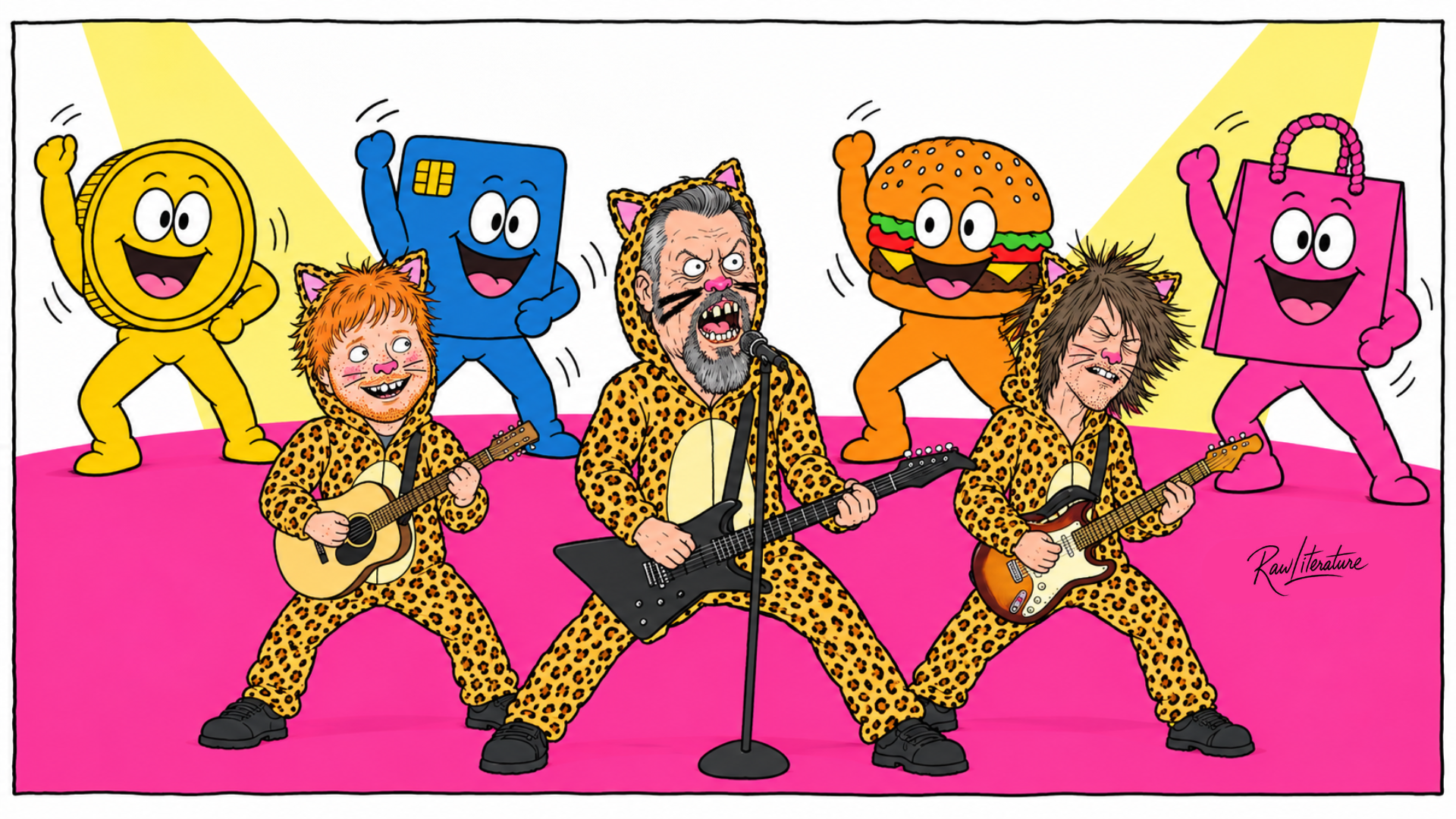 Satirical cartoon of Metallica’s James Hetfield performing in a leopard-print catsuit, mocking rock stars’ silence on war and social awareness.