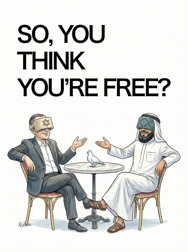 A cartoon of a jewish and a muslim talking blindly about their condtioned freedom.