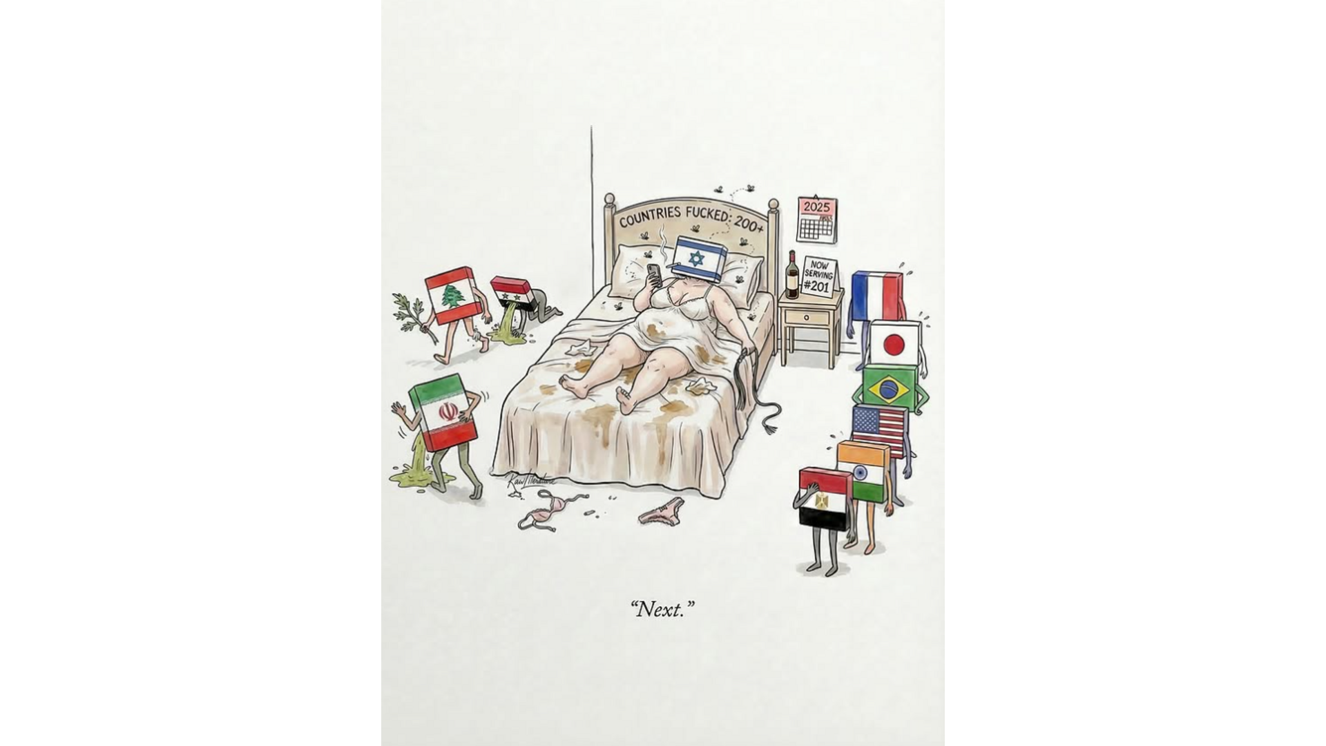 A cartoon of a woman representing Israel forcing other countries to have sex with her.