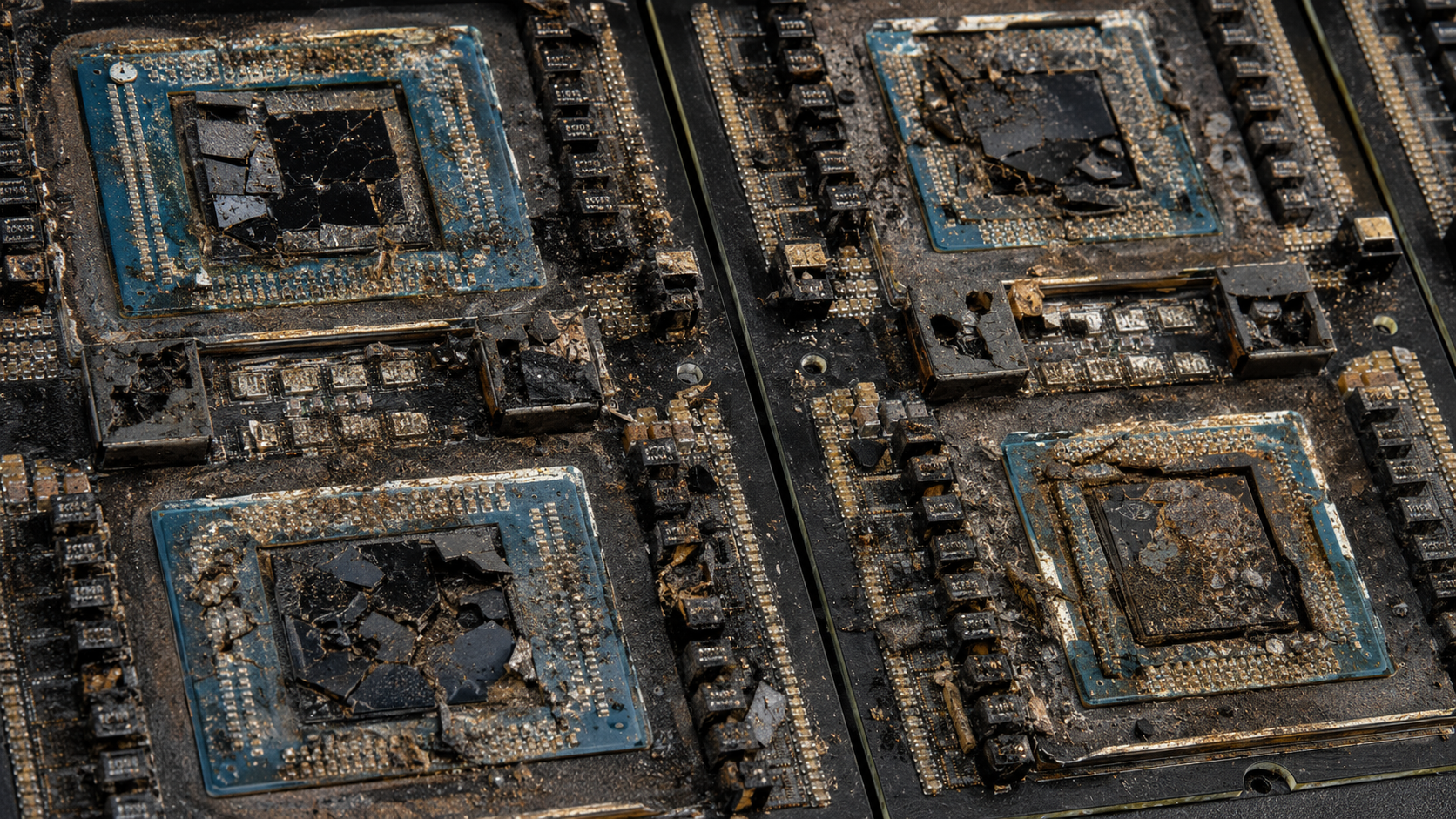 Broken, rotten AI computer chips symbolizing the risks behind billion-dollar AI investments as Jeff Bezos and the UK back British startup CuspAI.