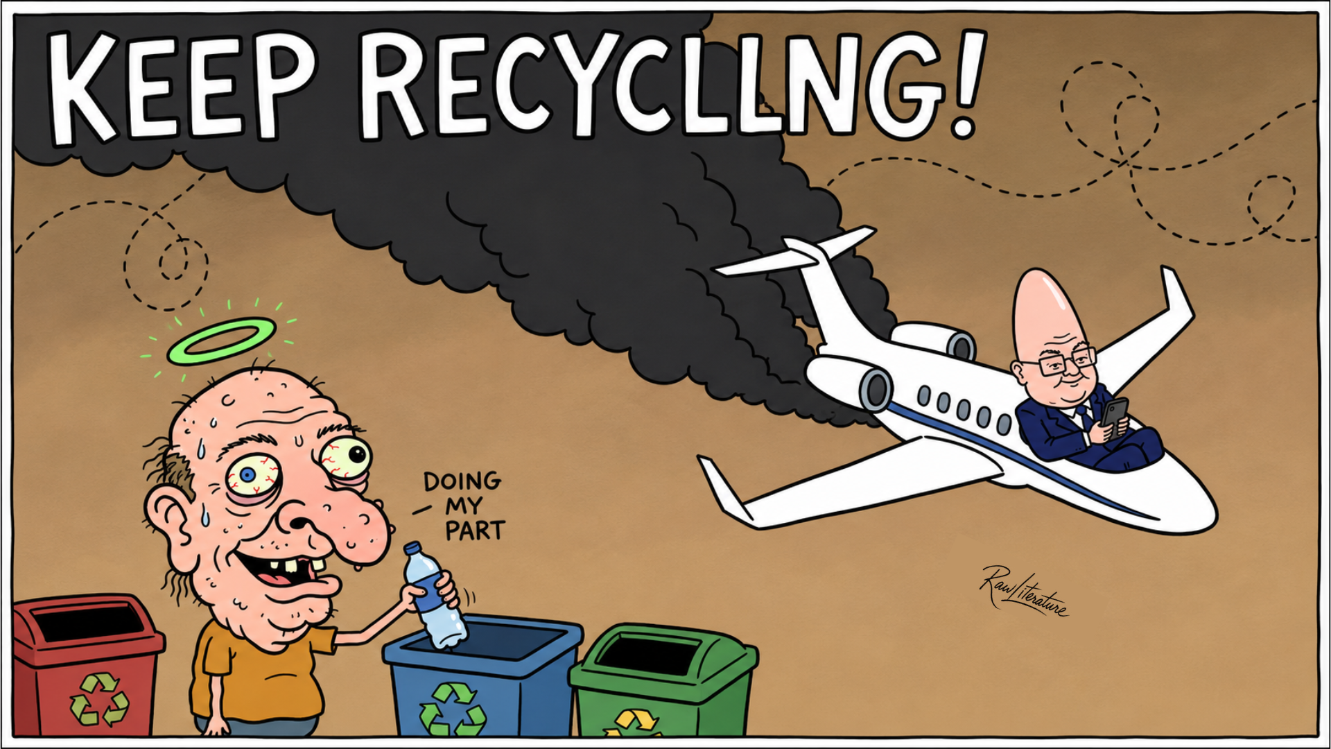 Satirical cartoon of Gianni Infantino's private jet carbon footprint during the 2026 FIFA World Cup, contrasting luxury emissions with individual recycling efforts.