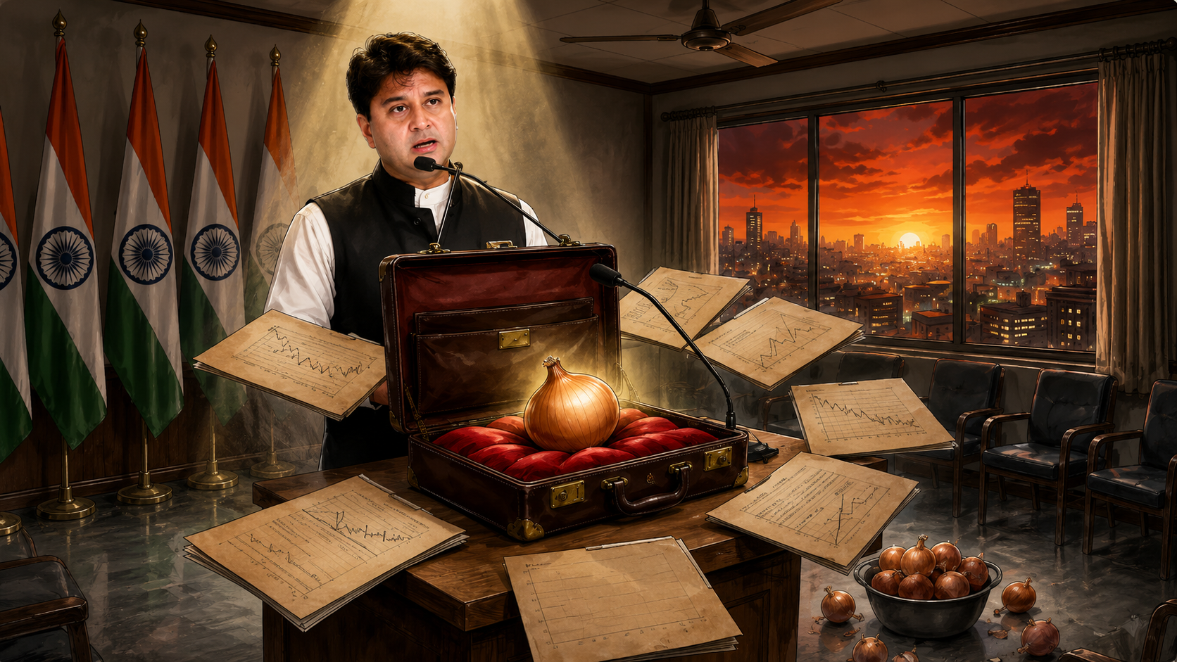 Indian politician with onions in briefcase during heatwave crisis illustration at sunset in government office.